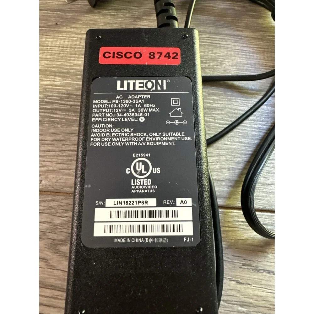 LiteOn AC Adapter PB-1360-3SA1 Unisex OS Black Excellent 12V‎ 3A 36W Cisco 8742